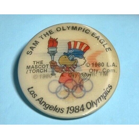 1984 Los Angeles OLYMPICS, 2 Buttons ,Sam The Eagle Mascot  & Moving Star logo - Picture 2 of 4